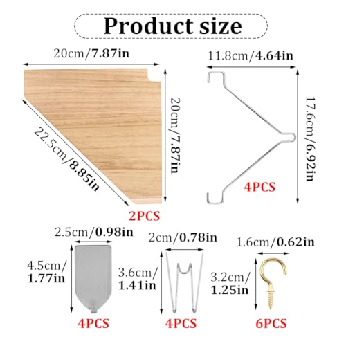 Wooden Corner Fabric Wall Cubicle Shelf 2 Pack, No Drill | Corner Fabric Wall Cubicle Shelf with 14 Haning Hooks & 4 Adhesive Hooks, Cubical Shelves Decorations, Saving Desk Space