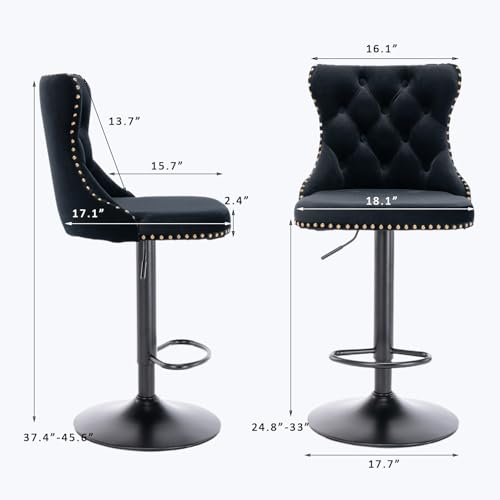 Velvet Bar Stool Set of 2, Adjustable Swivel Bar Stools with Black Metal Leg, Button Tufted, Footrest, Chrome Nailhead, Counter Height Chair for Kitchen, Bar, Dining Room (Black) - color: Black-black Leg, size: Set of 2