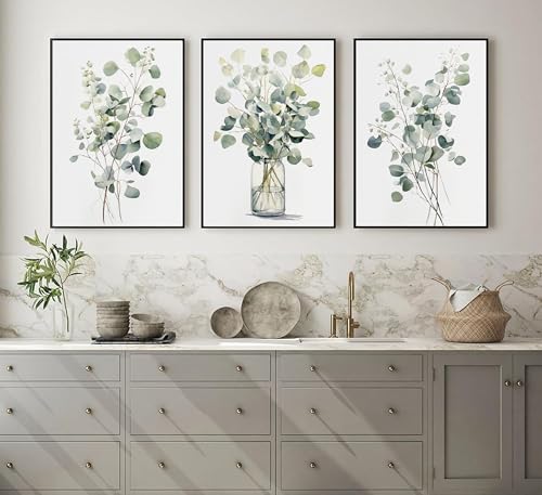 HOMTAI 3Pcs Botanical Canvas Wall Art 16x24Inch | Sage Green Eucalyptus Painting Picture Wall Decor Poster Print Artwork for Living Room Bedroom Bathroom Unframed - color: Poster, size: 24L" x 16W"