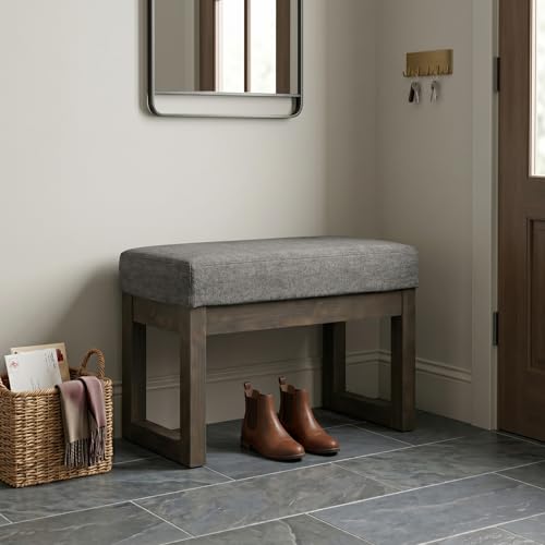 SIMPLIHOME Milltown 27" Wide Linen Look Rectangle Ottoman in Grey | Contemporary ottoman with a cushioned seat for extra seating in your bedroom or entryway; footstool, footrest or pouf. - color: Grey, style: Small Ottoman Bench