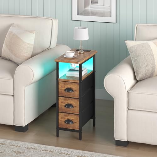 sthmec End Table with Charging Station,LED Side Tables with USB Ports and Outlets,Skinny Bedside Table with 3 Drawers,Small Nightstands for Small Space,Slim Sofa Table for Livingroom,Rustic Brown - color: Rustic Brown, size: 7.88'' W*15.75'' D*24.3'' H, s