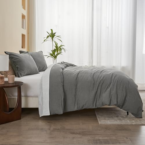 BISELINA 100% Washed Cotton Duvet Cover Set 3pcs with Bowknot Ties Strap Solid Color Linen Like Textured Durable Breathable Soft Comfy Chic Bedding (Twin, Dark Grey) - color: Dark Grey, size: Twin