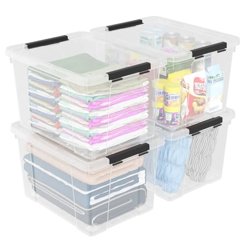 4 Pack 50 Quart Clear Plastic Storage Bins with Lids and Wheels | Large Stackable Latching Container Boxes for Clothes, Bedding, Garage Organization - size: 50 Quart