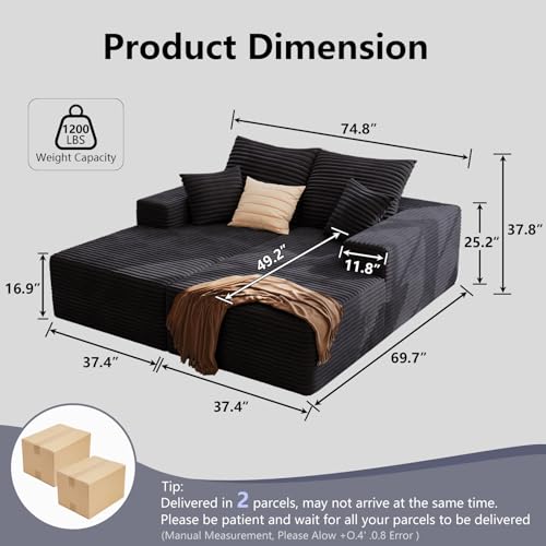 Oversized Double Chaise Lounges Indoor - 74.8" Upholstered Boneless Cloud Stupendous Oversized Chaise Lounge Couch Luxury Sofa Bed Deep Seat - Plush Corduroy Lounge Chair,2 Pieces,Black - color: Black