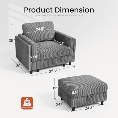 KKL Chaise Lounge with Storage Ottoman, Upholstered Comfy Living Room Chair | Reading Chair with Deep Seat, Single Sofa for Apartments Dorms Offices - color: Grey, size: One Seat+Ottoman
