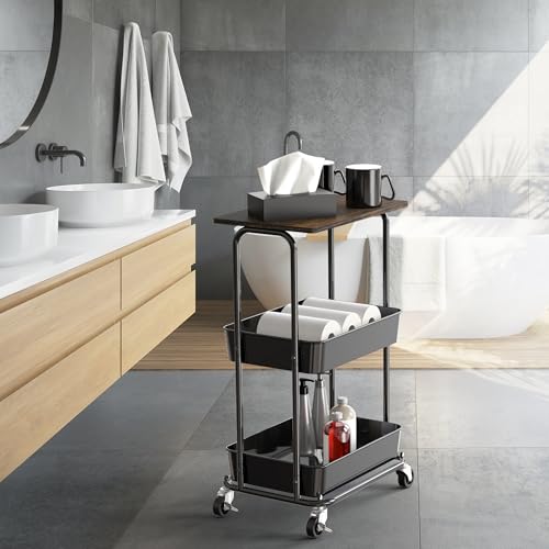 Simple Houseware 2-Tier Utility Cart Wood Top/Lockable Wheel, Rustic Brown | 2-Tier Metal Storage Organizer Trolley for Kitchen, Bathroom, Office, Craft Room - color: Rustic Brown