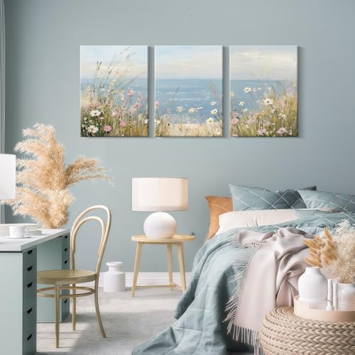 3 Pcs Coastal Wildflower Wall Art Natural Landscape Wall Art Vintage Coastal Landscape Pictures Ocean Floral Wall Decor Floral Prints for Living Room Bedroom 16x24 Inch Ready to Hang - color: Blue, size: 24"L x 16"W