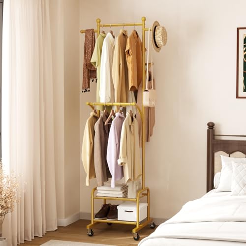 Rolling Clothes Rack with 2 Shelves, Small Gold Clothing Rack with Wheels | Gasvadivum 71" Tall Sturdy Metal Garment Rack with 3 Hanging Rods, Freestanding Portable Coat Rack for Bedroom, Entryway - color: Gold