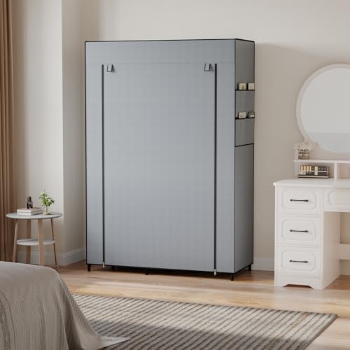 DUMOS Portable Wardrobe Closet with Cover, Freestanding Portable Garment Rack, Portable Closet Wardrobe for Clothes Storage, Clothes Organizer for Bedroom, Dorm, Apartment, Gray.