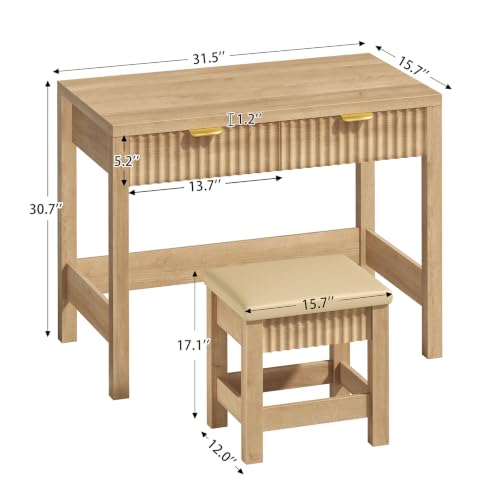 32 Inch Small Fluted Computer Desk with 2 Drawers & Stool for Bedroom | Small Wooden Computer Desk with Storage, Compact Writing Study Vanity Desk with Stool for Small Spaces, Oak - color: Oak, size: 32-Inch Desk with Stool