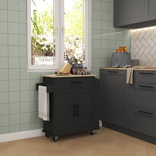 HOMCOM Kitchen Island with Storage Microwave Stand AC Outlets Black | USB Ports, Rolling Kitchen Cart, Towel Rack, Spice Rack - color: Black