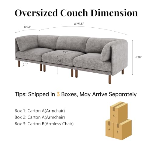 Cloud Sectional Couches for Living Room,Modular Sectional Sofa,Grey | Comfy Extra Deep 3 Seater,Mid Century Modern Sectional Cloud Couches With Solid Wood Leg,Large Sofa for Big Space - color: Grey, size: 3 Seats Sofa