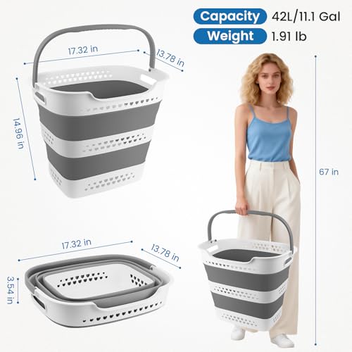 42L Collapsible Laundry Baskets with Handle, Large Laundry Hamper Plastic for Dirty Clothes, Pop Up Hampers Portable Bin Storage Basket Organizer for Home Dorm Room Organization RV Camping Essentials