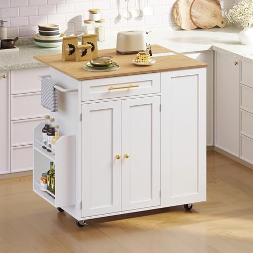Kitchen Island with Storage, Rolling Kitchen Table with Drop Leaf, Charging Station, 3 Open Adjustable Shelf & Drawer, Towel Rack, Mobile Kitchen Cart for Dining Room, White and Natural - color: White + Natural