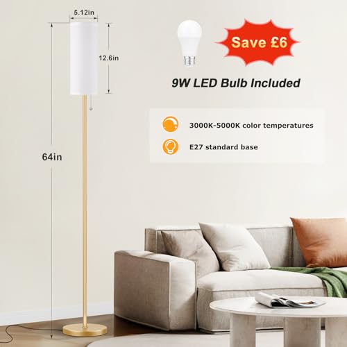 Floor Lamp with 3 Color Temperatures Bulb, 64" Standing lamp with Linen lampshade for Bedroom, Minimalist Pole Lamp, White Shade & Gold Pole - color: white & gold, size: 64.56 inches 1PCS