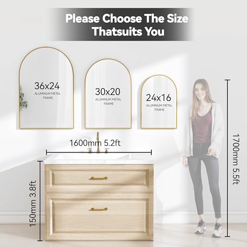 36x24 Bathroom Mirror Arch Wall Mounted/Against Aluminum Frame Gold | HD Crystal Clear No distortion Tempered Glass,Make-Up Vanity Mirrors for Bedroom,Entryway,Living Room - color: Gold, size: 36"L x 24"W