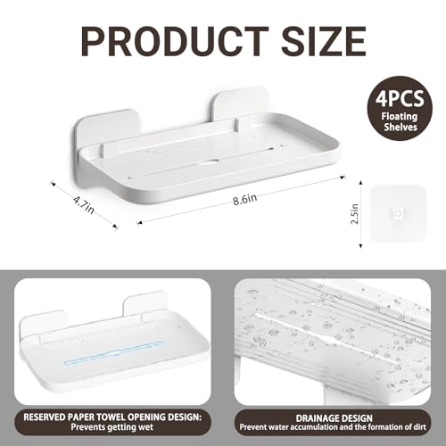 FAYYGYH 2 Pack Adhesive Floating Shelves, No Drill Small Floating Shelf | Wall Storage Damage-Free Wall Mounted Organizer for Bathroom, Kitchen, Bedroom & Office (White-4pcs) - color: White-4pcs