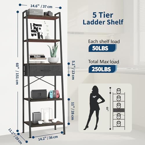 Whitmor 5-Tier Bookshelf with Drawer, Tall Narrow Bookcase with Wood Shelves & Metal Frame, Modern Display Storage Shelf for Living Room, Bedroom, Bathroom, Kitchen, Black