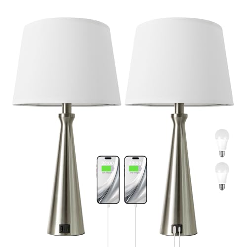 Modern Touch Lamps for Nightstand, 3 Way Dimmable Bedroom Lamp Set of 2 | USB C+A Charging Ports, Silver Bedside Lamps for Bedroom, Living Room, End Table, Bed Side, LED Bulb Included - color: C. Silver Base-White Shade