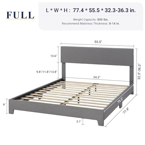 Allewie Full Size Upholstered Bed Frame Adjustable Headboard, Light Grey | Platform Bed with Heavy Duty Mattress Foundation, Noise-Free, Easy Assembly, Wood Slat Support, No Box Spring Needed - color: Light Grey, size: Full