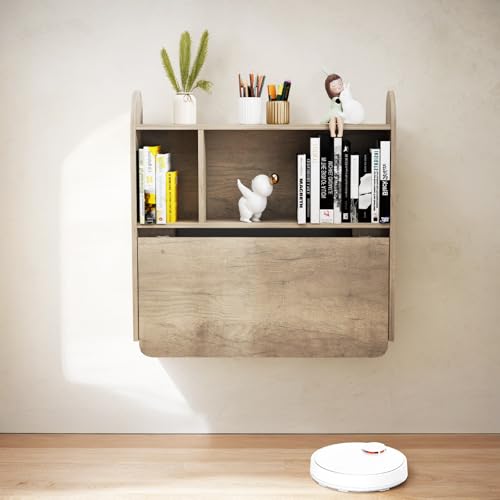 Wall Mounted Drop-Leaf Table, Floating Laptop Desk, Folding Table with Shelves, Multifunctional Computer Workstation with Storage Compartments in Home Office for Space Saving (Rustic Oak) - color: Rustic Oak