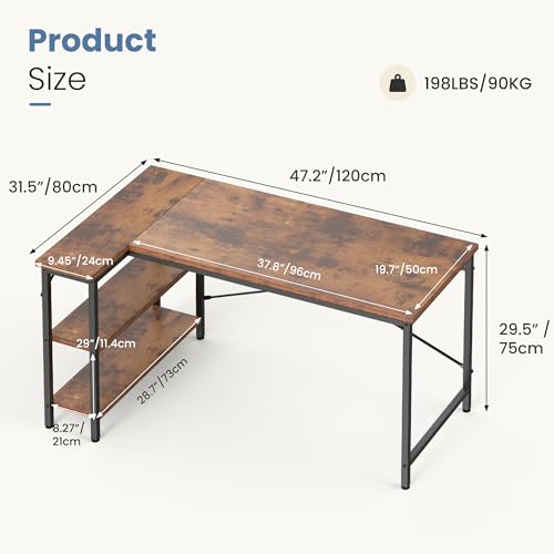DUMOS L Shaped Desk, 47 Inch Computer Gaming Corner Desks with Shelves | Home Office PC Table, Writing Working Study Desk for Bedroom Dorm, Reversible Design, Rustic Brown - color: Rustic Brown, size: 47 in