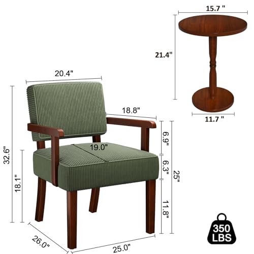 Corduroy Accent Chairs Set of 2, 2 Solid Wood Armchairs with Table | Upholstered Living Room Chair, Comfy Reading Chair for Bedroom, Waiting Room, Home Office, Easy Assembly, Green - color: Corduroy Green, size: Set of 2 with table