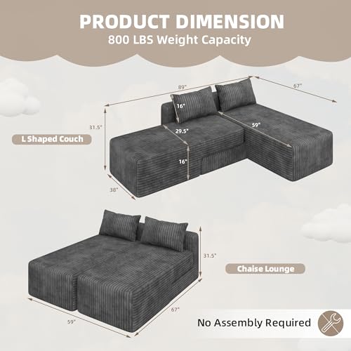 Boneless Sectional Couch, 4 in 1 Convertible Cloud Couch with Reversible Chaise & Deep Seat, Modular Sectional Sofa for Apartment, No Assembly Corduroy Foam Couch in a Box, Grey - color: Grey, size: 89" Convertible Chaise Corduroy