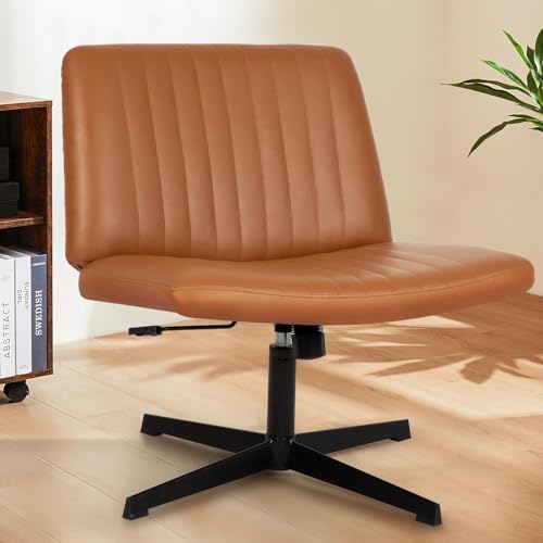 Criss Cross Chair, Armless Cross Legged Office Chair, Comfortable Vanity Chair with Back, Fabric Adjustable Wide Swivel Criss Cross Desk Chair for Home Office, Brown - color: Brown