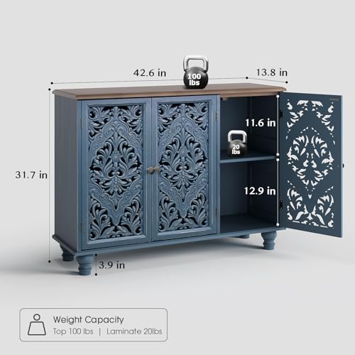 Jiansu furni Sideboard Buffet Cabinet with Storage, Accent Cabinet with 3 Doors and Adjustable Shelves,Buffet Table with Solid Wood Legs for Kitchen, Living Room, Hallway(Blue & Walnut) - color: Blue & Walnut_3 Doors