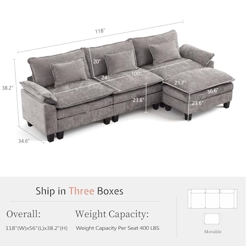 118" Modular Sectional Sofa with Storage, L-Shaped Cloud Couch | Deep Seat, Moveable Ottoman, Throw Pillows, Sofa Sleeper, Cloud Comfort Couches for Living Room Bedroom, Chenille Grey - color: Grey, size: 118" - 4 Seat L