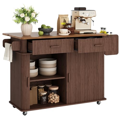 56" Kitchen Island on Wheels with Drop Leaf Countertop, Walnut | Large Mobile Island Table with 2 Drawers and Spice Rack and Tower Rack, Mid-Century Modern Island Cart w/ Storage for Kitchen - color: Walnut
