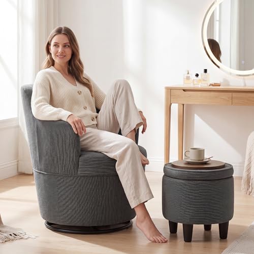 LOULENS Swivel Accent Chair with Storage Ottoman, Dark Gray | Linen, Small, Barrel, Reading Chair, Vanity Chair, Comfy Single Sofa, Armchair, For Living Room, Bedroom - color: Dark Gray