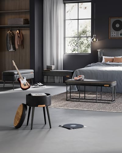 VASAGLE Storage Ottoman Bench for Entryway, PU Leather, Loads 660 lb | Ottoman Bench, Transitional, with Stitching, Bedroom, Living Room, Ink Black, EKHO Collection ULOM085B01 - color: Ink Black, style: Steel Frame Bench