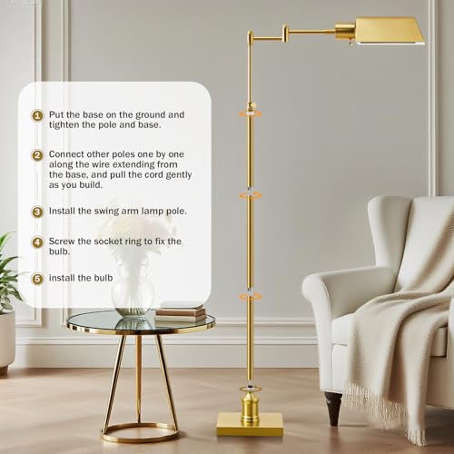 Traditional Height Adjustable Pharmacy Floor Lamp with 350° Swing Arm, Color Temperature Adjustable Standing Lamp Metal Shade for Living Room Reading House Bedroom Home Office(Gold) - color: Gold