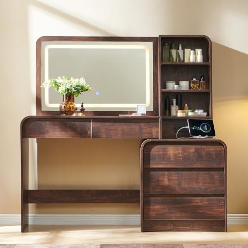 Aitjunz Vanity Desk with Mirror and Lights, 50” Modren Makeup Vanity with 35.43" Mirror and 5 Drawers, Makeup Table with Charging Station for Women and Girls, Bedroom (Brown) - color: Brown