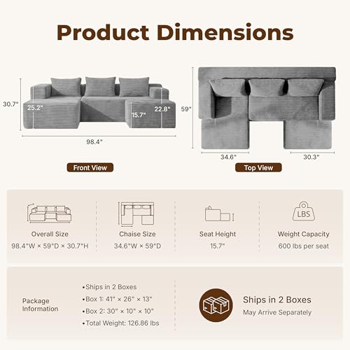 Modular Boneless U-Shaped Couches for Living Room with Side Pockets | Modern Sectional Boneless Corduroy Fluffy Couch Sofa with Deep Seat and Non-Slip Base, No Assembly, Light Grey - color: Light Grey, size: U-Shaped