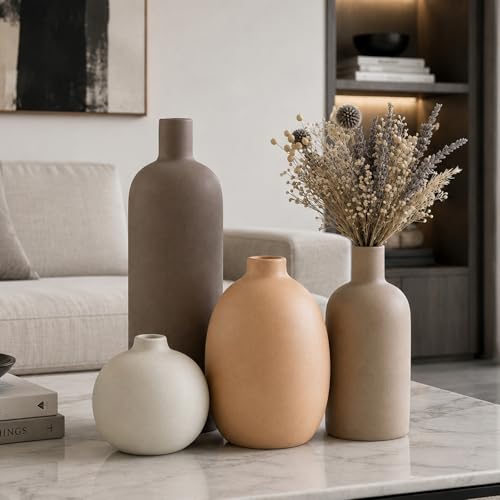 Ceramic Vase Set of 4 – Handmade Modern Minimalist Vases for Dried or Fresh Flowers, Matte Decorative Neutral Vases for Living Room, Table, Shelf & Entryway