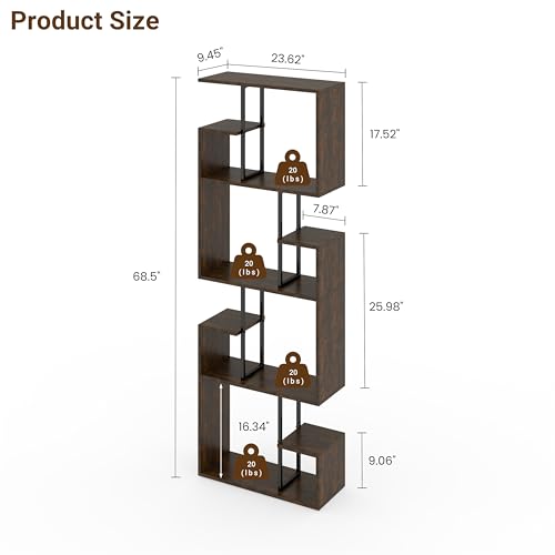 Manora Industrial Geometric Bookshelf, 4 Tier Tall Bookcase with Open Display Shelves, Rustic Brown Freestanding Storage Organizer for Living Room, Bedroom, Home Office - color: Rustic Brown, size: 4 Tier