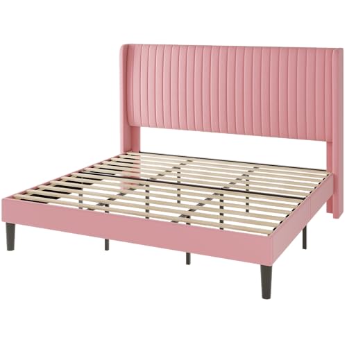 Allewie King Size Velvet Bed Frame/Vertical Channel Tufted Wingback Headboard/Upholstered Platform Bed/Strong Wooden Slats/No Box Spring Needed/Easy Assembly/Pink - color: Pink, size: King