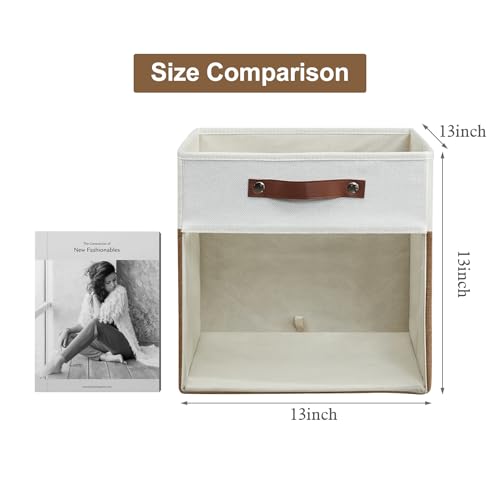Storage Cubes, 4 Pack Linen Foldable Storage Bins (13 x 13 inch) with Clear Window and Handles, Fabric Organizer for Shelf Closet, Clothes, Books - (Brown and White) - color: Brown / Off-White, size: 13 x 13 x 13