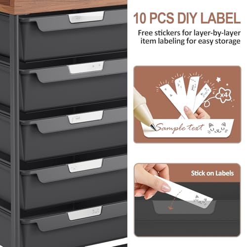 10 Drawers Rolling Cart with Wooden Tabletop, Utility Storage Cart with Wheels, Art Supply Craft Organizer on Wheel with Metal Frame & Handles for Home Office School,Black | Easy Setup, Large Capacity, Sturdy Build, Lockable Mobility, For office, classroo