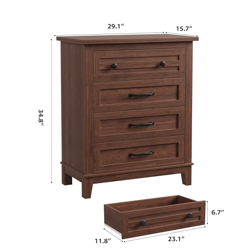 GarveeHome 4 Dresser for Bedroom, 34.8 in Tall Vertical Drawer Dresser with Large Storage, Freestanding Wooden Closet Chest for Bedroom, Living Room, Walunt - color: Walunt, size: 15.7"D x 29.1"W x 34.8"H (4 Drawers)