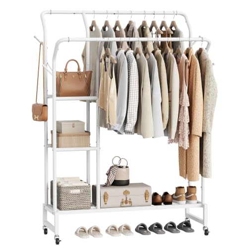 Yoobure Double Rods Clothes Rack - Portable Clothing Rack with Wheels, Rolling Garment Rack with 3-Tier Shelves & 4 Hooks, Freestanding Clothing Racks for Hanging clothes, Coat Rack for Closet Bedroom - color: White