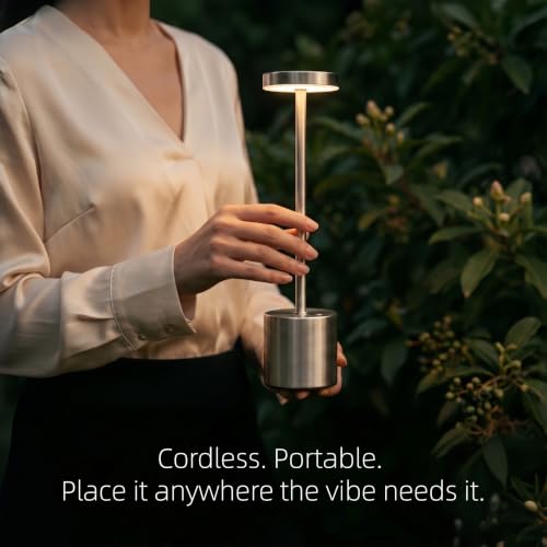 Silver Cordless Table Lamp 2Pack Rechargeable Portable Table Light | 5000mAH Battery 3 Color Stepless Dimming Waterproof LED Wireless Lamp for Dining Kitchen, Outdoor Patio, Touch Control - color: 2 Pcs Silver