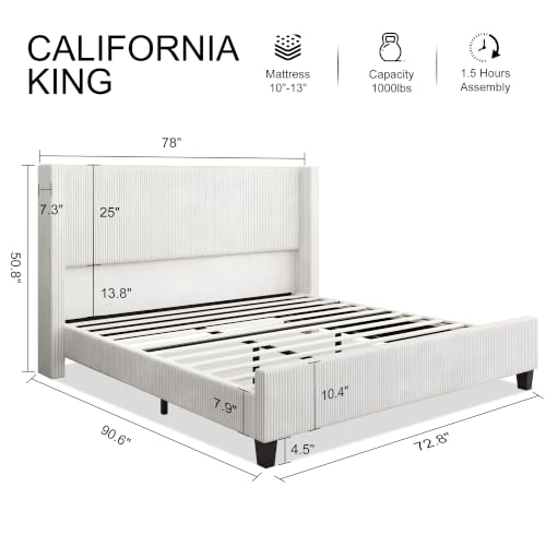 California King Size Bed Frame with Corduroy Wingback Headboard, White | Modern Upholstered Platform Bed, 50.8 Inch Tall Profile, Solid Wood Slats, No Box Spring Needed, Noise-Reducing Designrt - color: White, size: California King