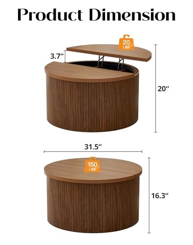 Fluted Round Lift Top Coffee Table with Storage, 31.5" Walnut Small Circle Wood Center Table for Living Room, Small Space - color: Walnut-round