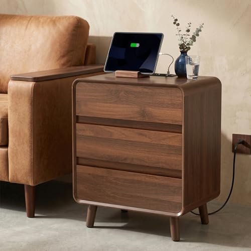 Nasonet 27.7'' Tall Night Stands Set of 2 with Charging Station, Mid-Century Modern Large Bedside Table with Outlets, Wide Wood End Table for Bedroom, Walnut - color: Walnut, size: 3 Drawers