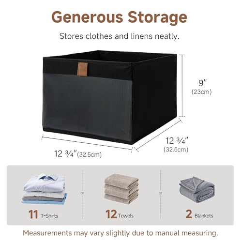 StorageWorks Closet Storage Bins with Clear Window, Large Closet Organizer and Storage Bins for Clothes, Collapsible Storage Baskets with PU Handles, Black, 3-Pack - color: Black, size: 12 ¾" L x 12 ¾" W x 9" H