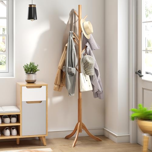 kiplant Coat Rack Freestanding, Bamboo Wood Coat Stand with 8 Hooks,3 Adjustable Size,Easy Assembly NO Tools Required, Coat Tree Hanger Stand for CoatsScarves in Hallway - color: Nature